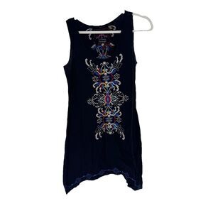 Johnny Was Los Angeles Black Embroidered Tunic Mini Dress Small Festival Boho